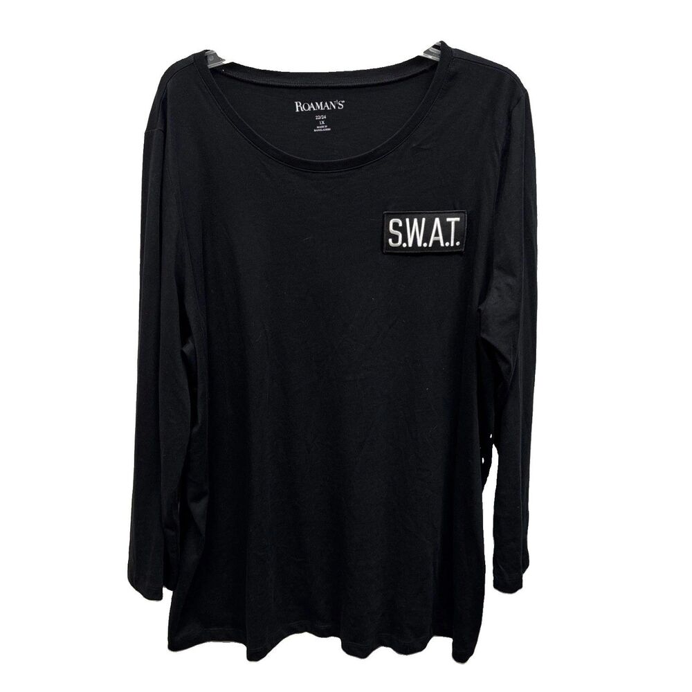 Roaman's Women Cotton Crewneck Long Sleeve T Shirt 22 24 1X Black Stretch Swat